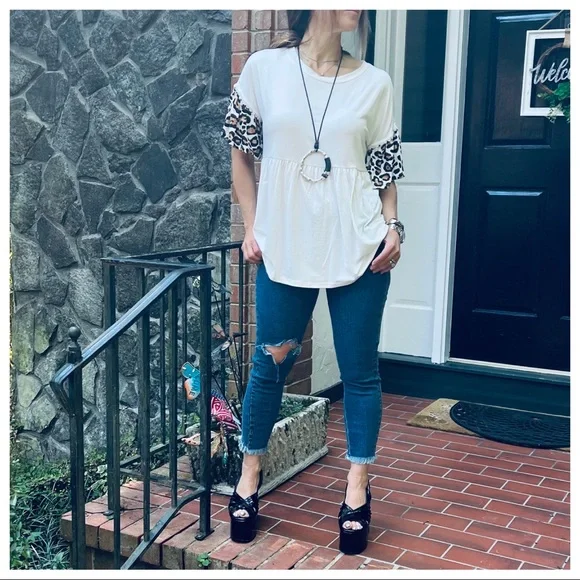 #26 Boho Leopard Trim sleeves tunic soft Flowy baby doll top - Picture 7 of 10
